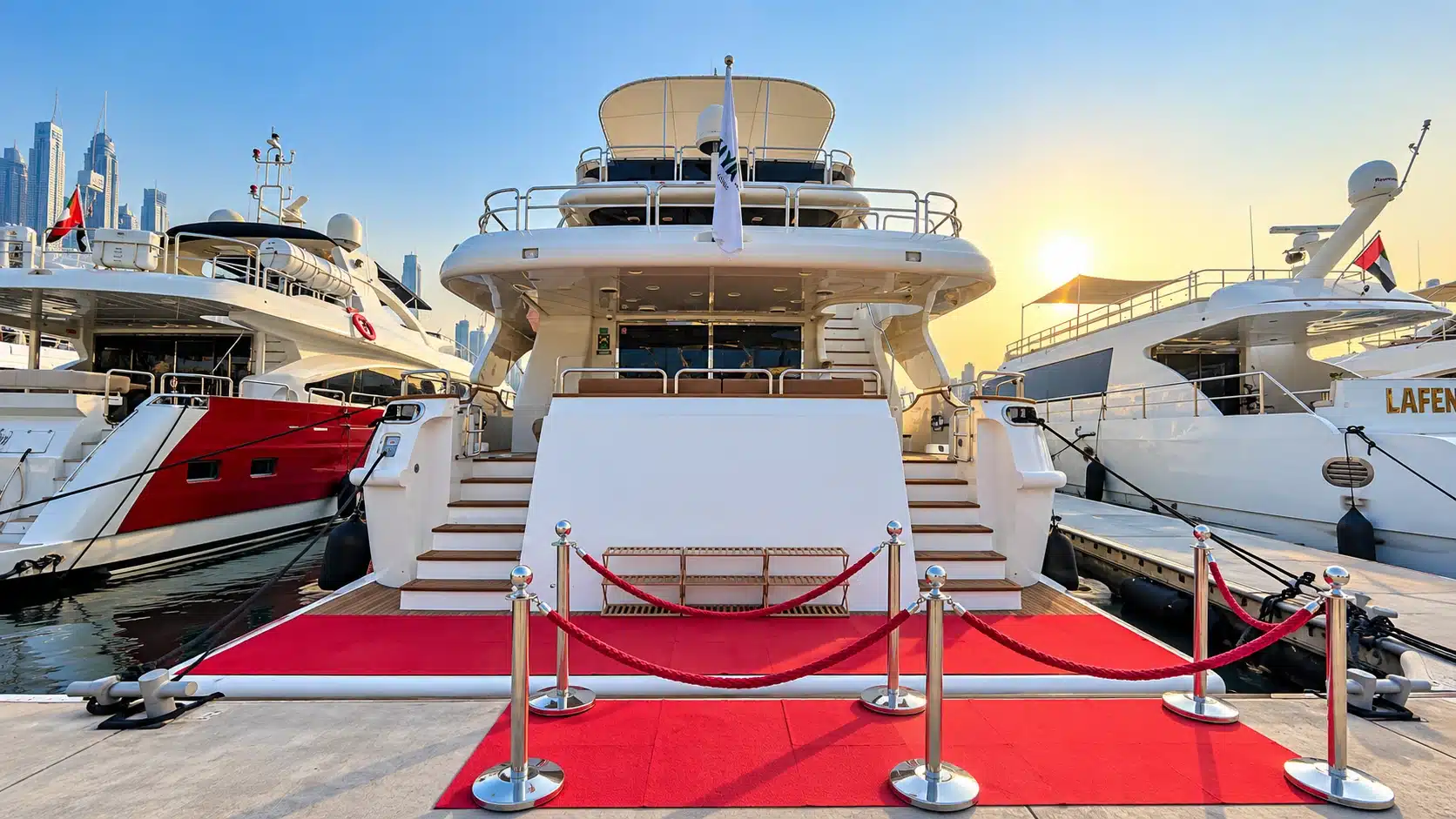 Benetti 120 yacht stern boarding area and red carpet