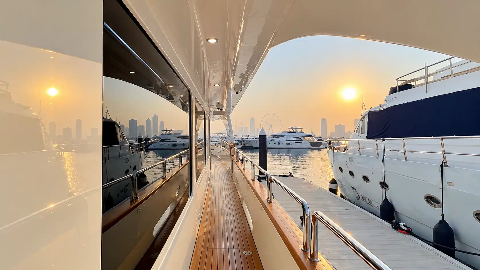 Benetti 120 yacht side deck walkway at sunset