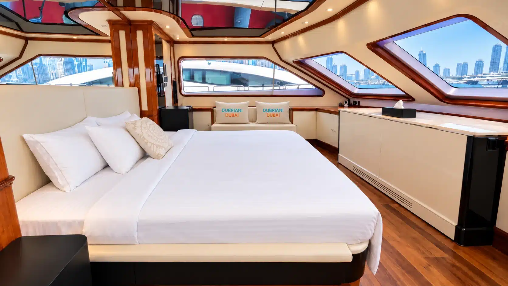 Benetti 120 yacht forward guest cabin and panoramic windows